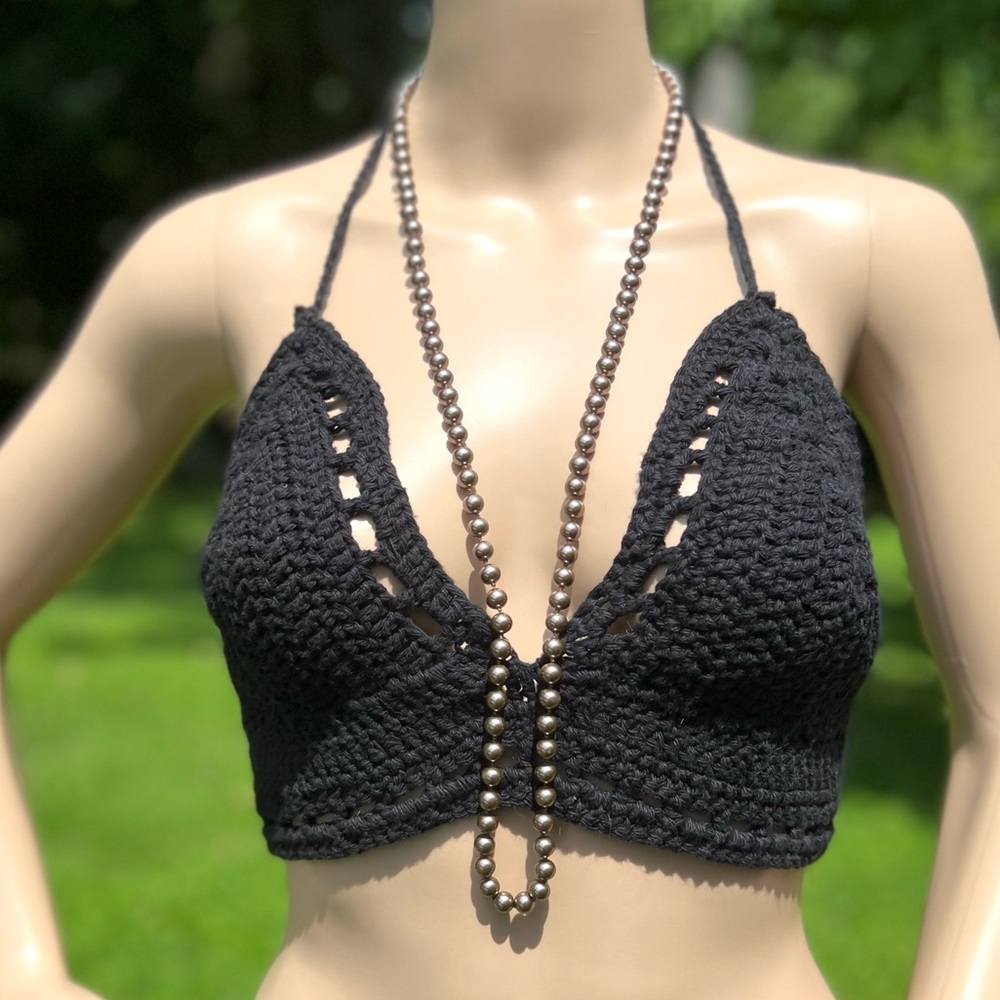 NWOT Unhinged Crochet 100% Cotton Crocheted Black Halter Top